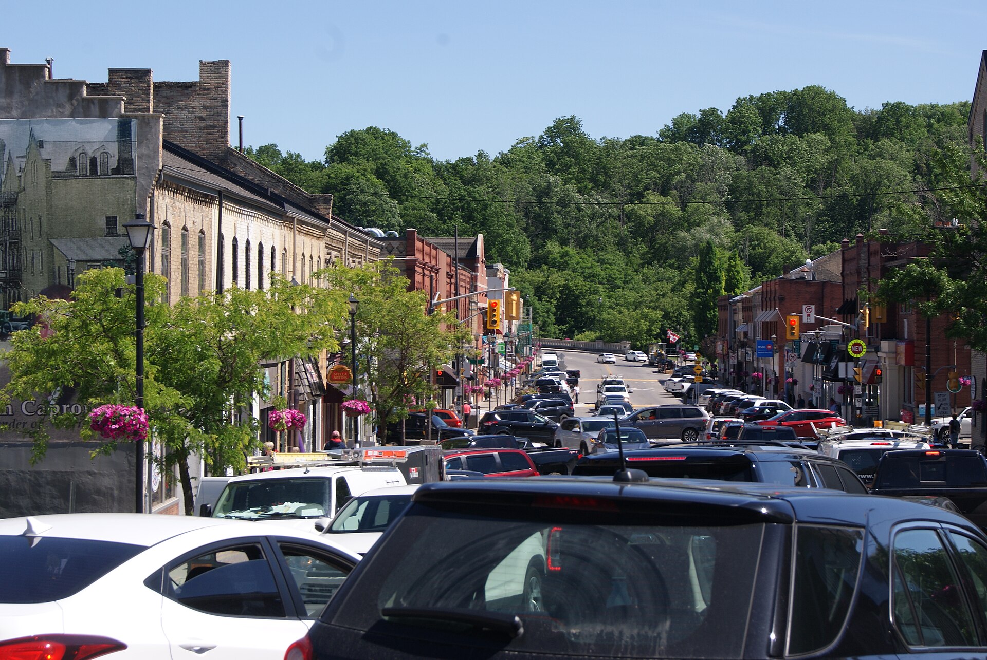 Heritage main street with independent shops and cafés in downtown Paris, Ontario